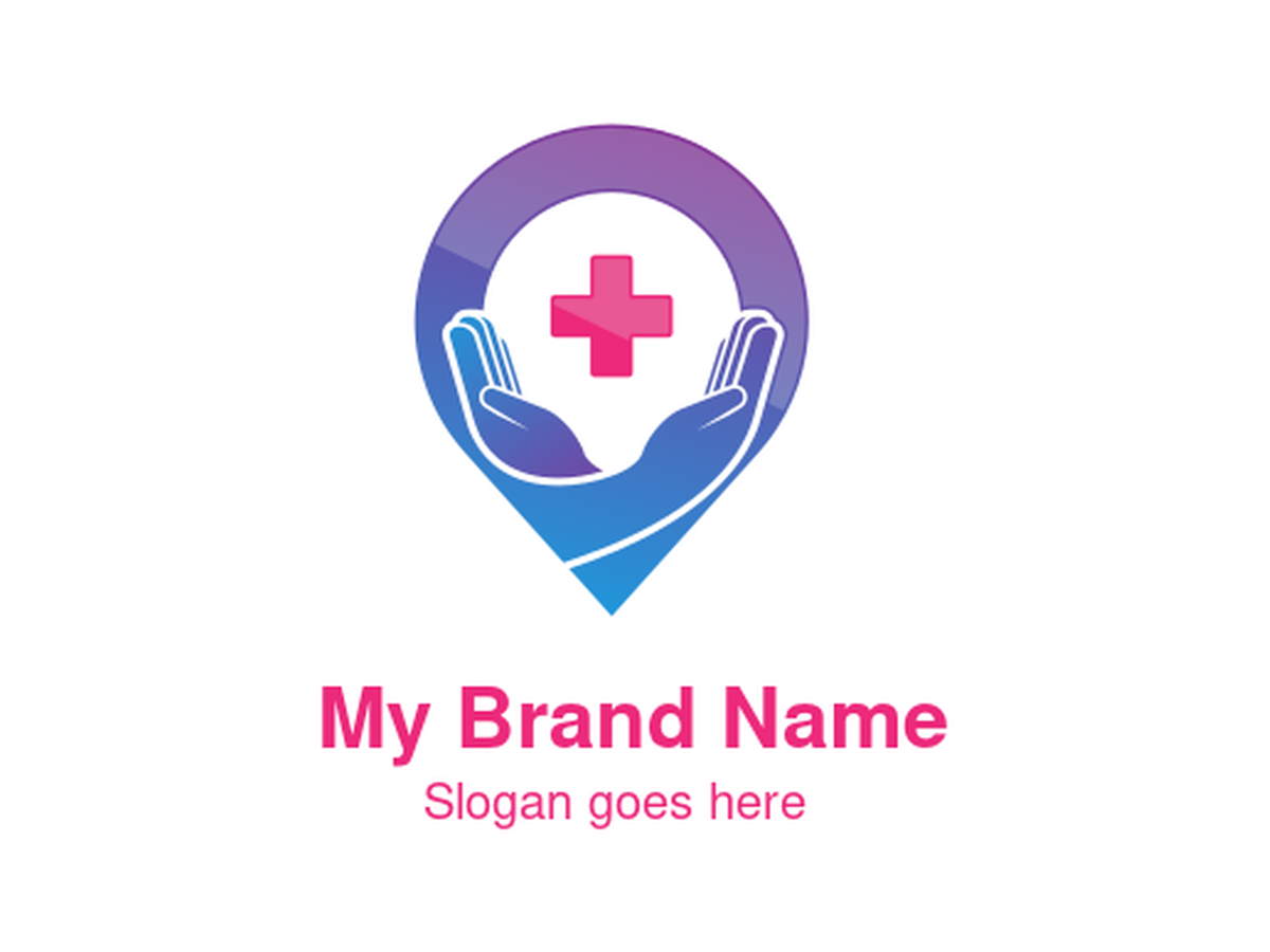 Vibrant Purple and Blue Hands with Red Cross Pin Logo Design for Compassionate Healthcare Location Services and Medical Assistance